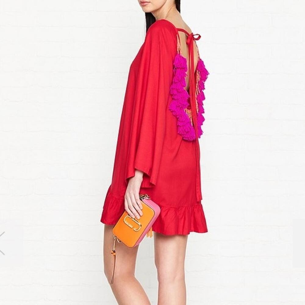 Sundress Indiana Red Beaded Tassel Long Sleeve Beach Coverup Mini Dress XS/S